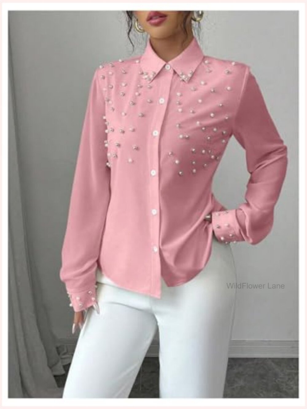 Pearl Beaded Long Sleeve Button Down Blouse Shirt Work Office - Picture 2 of 5